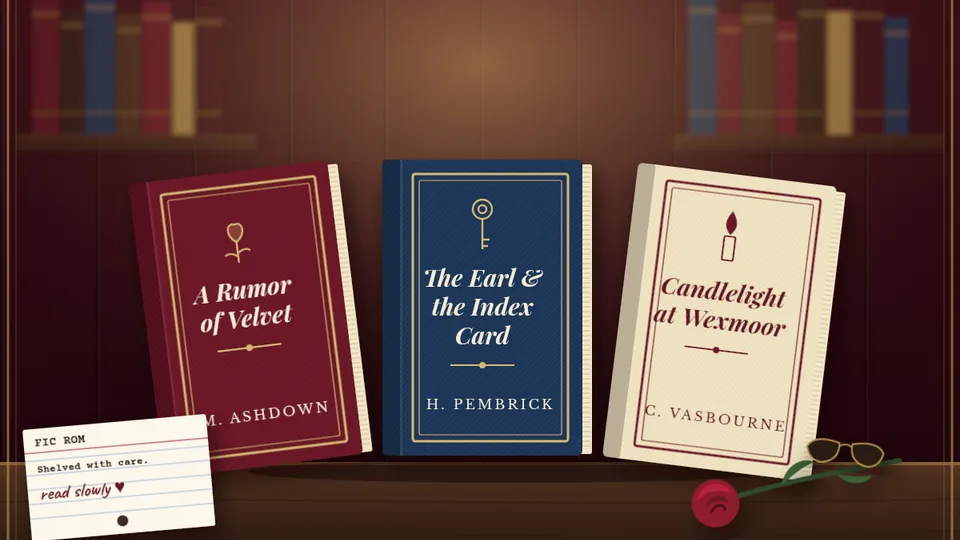 Illustration: three romance novels on a library shelf with a rose