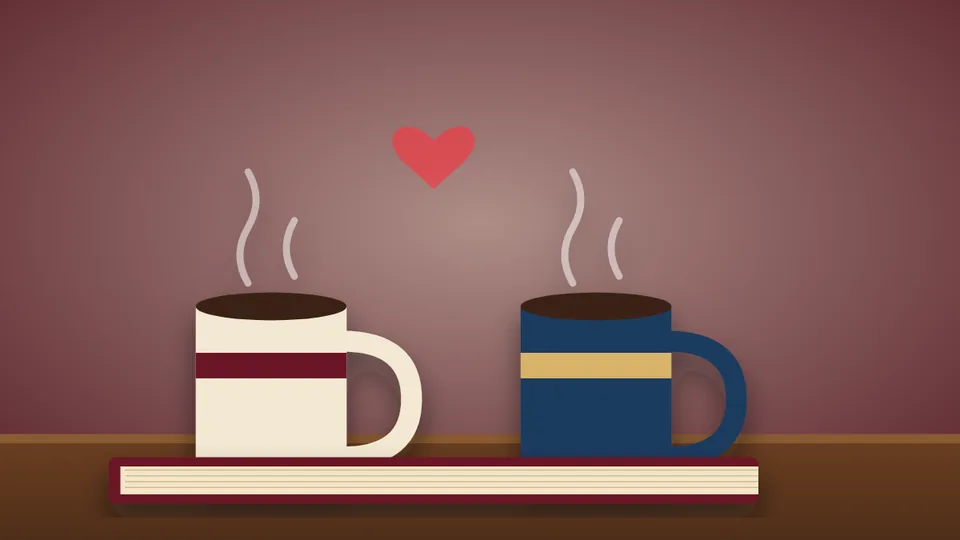 Illustration: two coffee mugs on a book