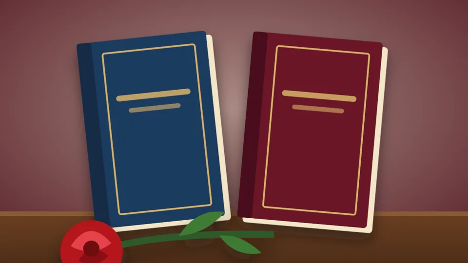 Illustration: two romance novels and a red rose