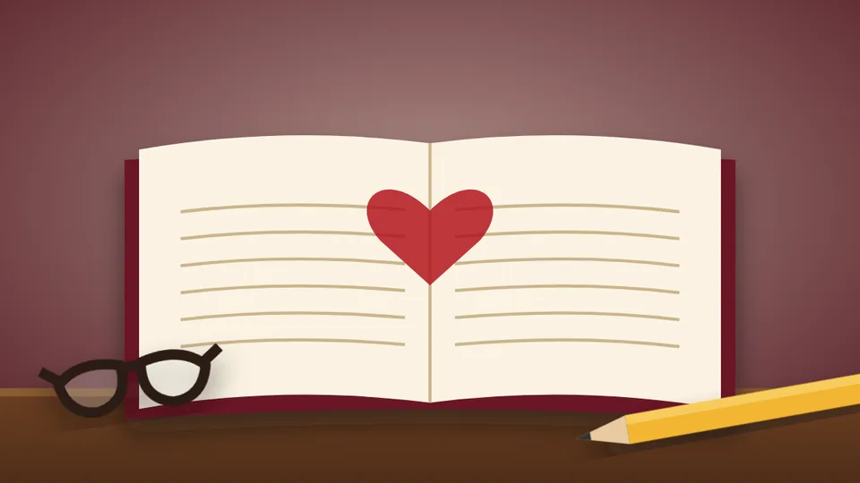Illustration: an open book with a heart, glasses and a pencil