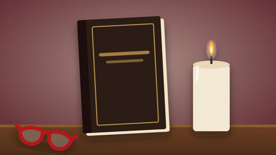 Illustration: a dark hardcover next to a lit candle